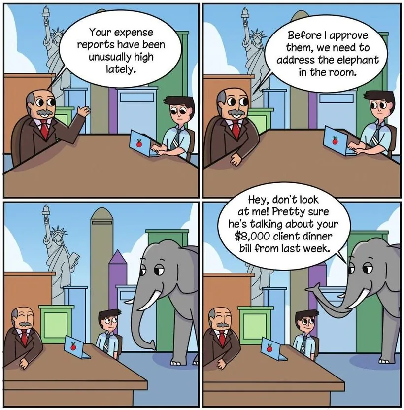 Comic: the boss wants to address the elephant in the room, and an actual elephant appears
