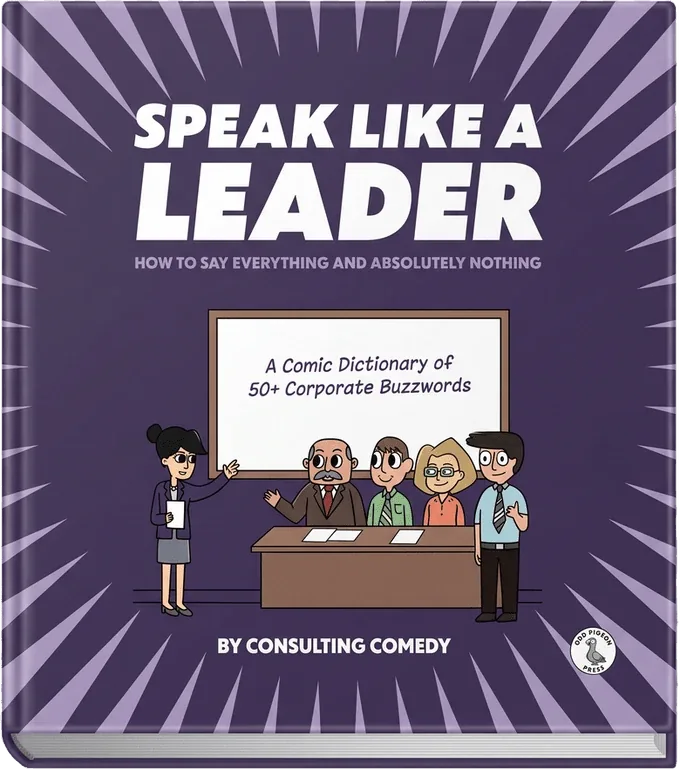 Speak Like a Leader, a purple hardcover showing a manager presenting to a boardroom of cartoon office workers
