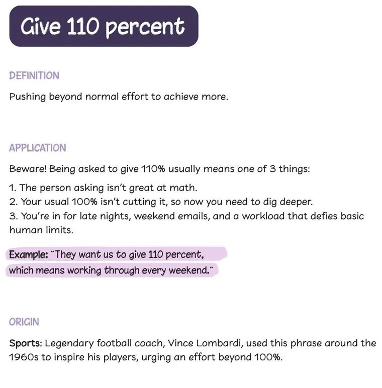 A definition page from Speak Like a Leader breaking down the buzzword Give 110 percent
